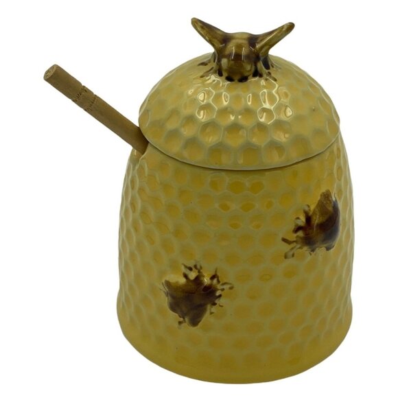 Honeycomb Ceramic Honey Jar With Lid & Wooden Dipper By Creative Co-Op - Picture 1 of 4